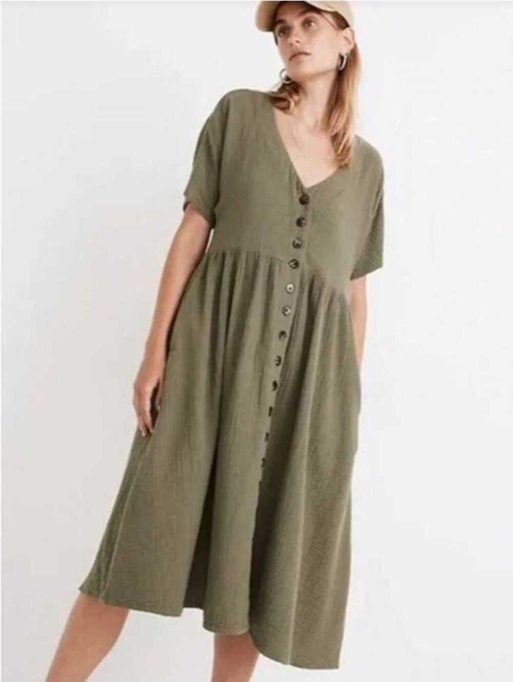 Madewell Lightspun Button Tiered Midi Dress Olive Green XS Gauze Pockets MD224